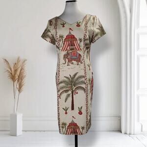 Vintage Elephant Tapestry Dress Size 8 Beaded India Novelty Print Midi